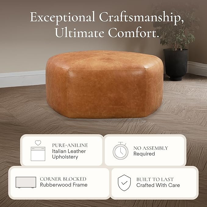 Poly & Bark Porto Ottoman – 37" Pentagon Pouf with Feather-Down Topper – Full-Grain Leather Upholstered Pouf Ottoman for Living Room – Vintage Italian Leather in Cognac Tan