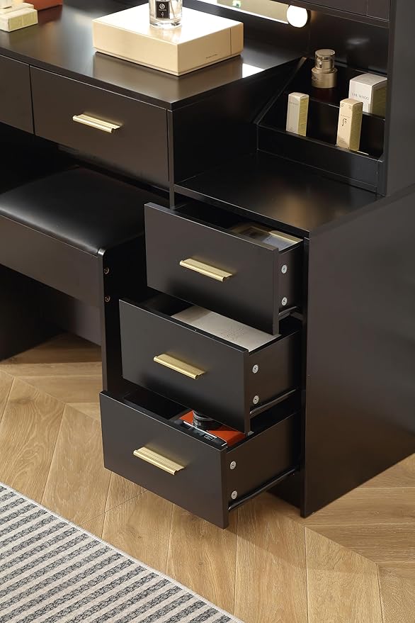 Extra Large Vanity with Folding Up Mirror and Lights,58.3'' Makeup Vanity Desk with Mirror and Lights,Outlet, Chair and Two Makeup Organizers,Dressing Table for Bedroom,Black