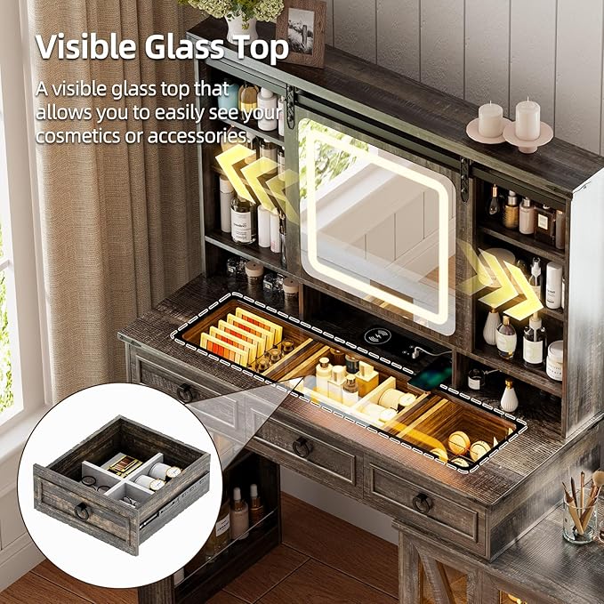 60"W Farmhouse Makeup Vanity Desk with Sliding Mirror and Lights, Charging Glass Top Large Vanity Table with Jewelry Storage,Vanity Set with 6 Drawers,10 Shelves,Side Storage Cabinet,Rustic Brown