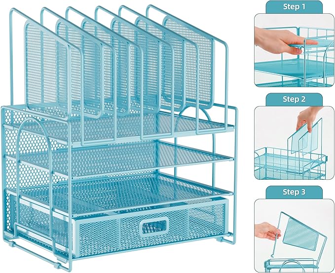 Marbrasse Desk Organizers, 4-Tier Mesh Desk File Organizer with 5 Vertical File Holders and 2 Pen Holders, Multifunction Desktop Organizer,Desk Organizers and Accessories for Home Office (Blue)