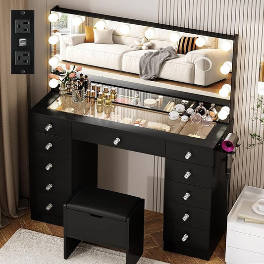 VOWNER Vanity with Lighted Mirror - Glass Top Makeup Vanity Desk with Lights and 11 Drawers, 3 Color Lighting Modes Adjustable Brightness, 46" Makeup Desk with Soft Cushioned Stool for Bedroom, Black