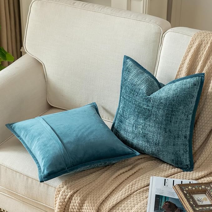 Yaertun Pack of 2 Chenille Textured Decorative Throw Pillow Covers Accent Solid Cushion Cover Soft Cozy Pillow Case with Velvet Back for Couch Sofa Bed Living Room 16x24 Inch Lake Blue