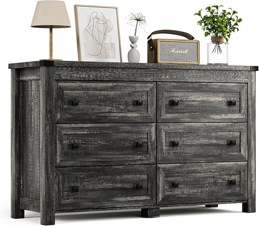 Grey Dresser for Bedroom with 6 Drawers, Farmhouse Wood Dressers Bedroom Furniture 6 Chest of Drawers, Rustic Wide Storage Drawers Dressers Organizer for Closet, Living Room, Hallway