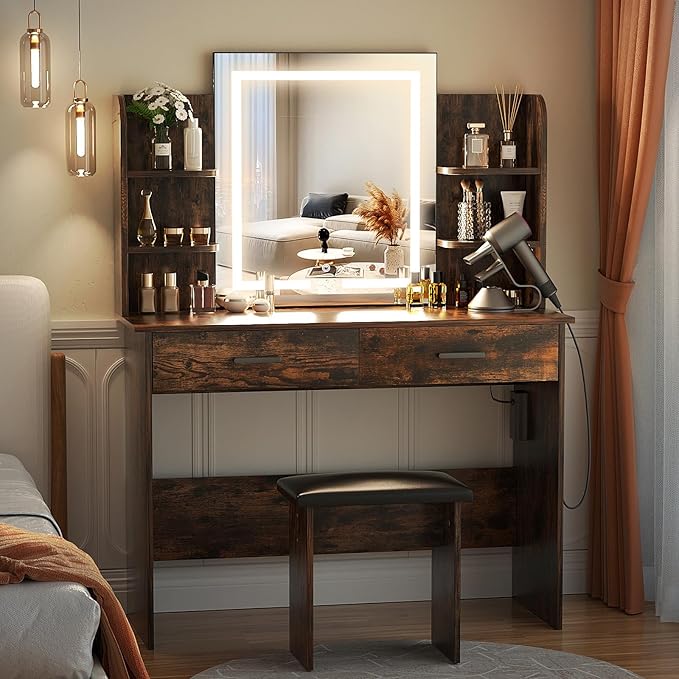 SMOOL Vanity with Lighted Mirror, Makeup Vanity Desk with Power Outlet, 3 Color Light Options Adjustable Brightness, Vanity Table with 6 Storage Shelves, 2 Large Drawers and Cushioned Stool, Rustic