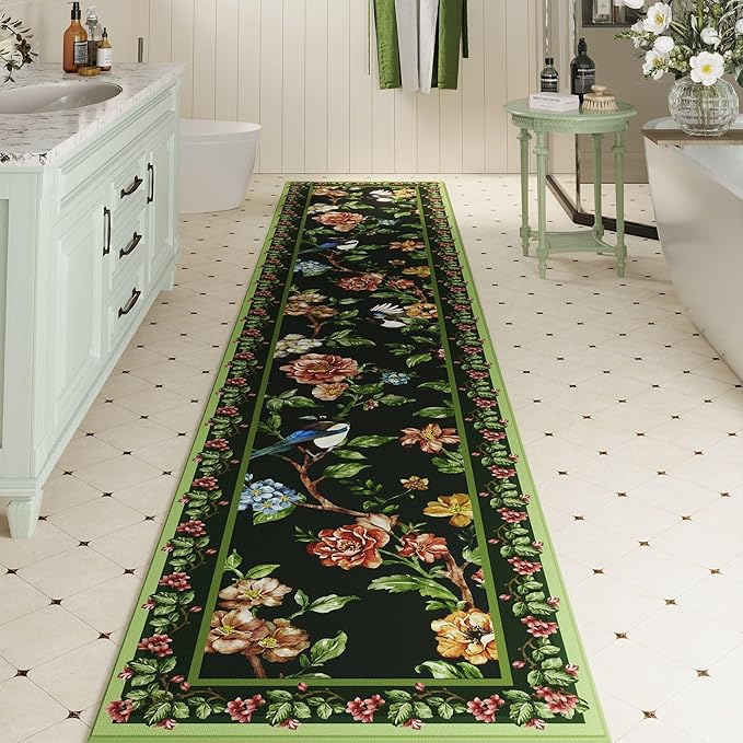 Runners for Kitchen Runner Rug Non Slip 2'x10' Long Washable Rugs with Rubber Backing Soft Floral Bird Magpies Animal Carpet Runner for Kitchen, Laundry, Bedroom, Bathroom (Green)