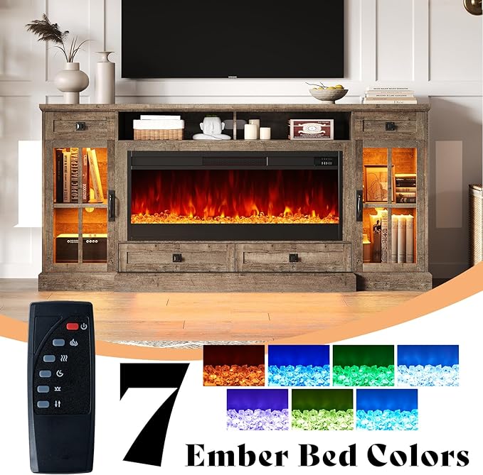 AMERLIFE 70” Fireplace TV Stand for 80 Inch TV, Farmhouse TV Stand with 42" Fireplace & LED Lights, Entertainment Center with Storage Drawers & Cabinets, Light Oak