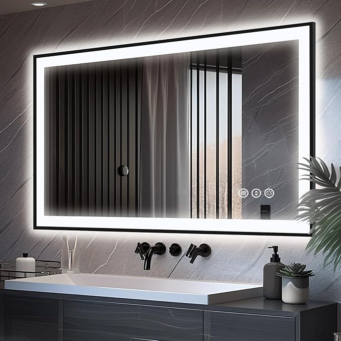 48x30 LED Bathroom Mirror - Black Aluminum Framed (Front and Backlit), Anti-Fog Lighted Vanity Mirror,Stepless Dimmable Lighted Mirror,3 Colors Smart Mirror(Horizontal/Vertical)