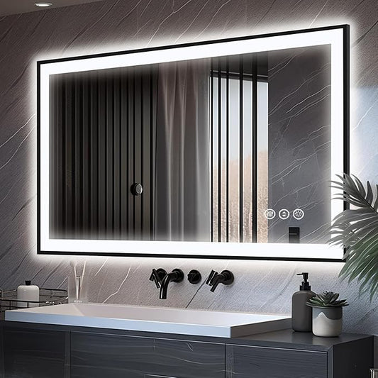 48x30 LED Bathroom Mirror - Black Aluminum Framed (Front and Backlit), Anti-Fog Lighted Vanity Mirror,Stepless Dimmable Lighted Mirror,3 Colors Smart Mirror(Horizontal/Vertical)