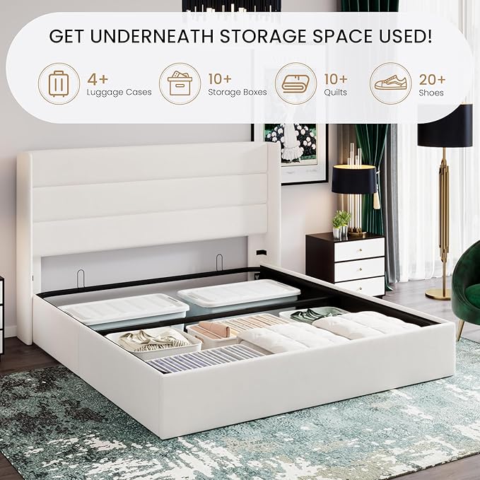 SHA CERLIN King Size Lift Up Storage Bed/Velvet Upholstered/Modern Wingback Headboard/Upholstered Platform Bed Frame/Hydraulic Storage/No Box Spring Needed/White