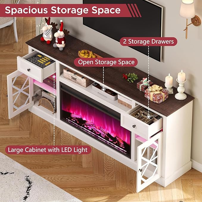 70" Farmhouse Heavy Fireplace TV Stand with 37" Electric Fireplace, TV Console Cabinet with Diamond Door for Living Room, Large LED Entertainment Center with Storage for 80" TVs, White