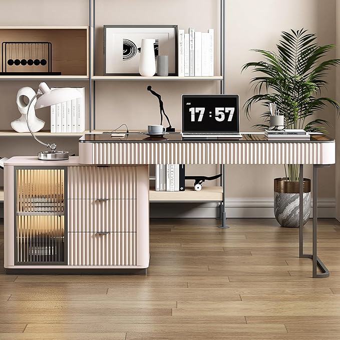 Lartis Office Desk, Very Easy to Assemble, Computer Desk, Home Telescopic Writing Desk, Modern Computer Desk with Retractable Cabinet Built-in LED Lights (Pale Pink, 53 in)