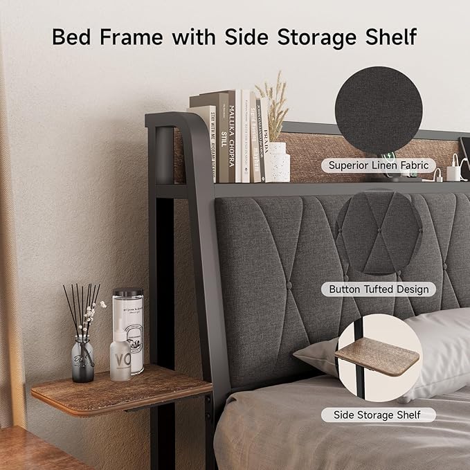 King Size Bed Frame with Side Storage Shelf, Ergonomic Upholstered Headboard with Charging Station, King Platform Bed Frame, Metal Slats Support, No Box Spring Needed, Easy Assembly, Black