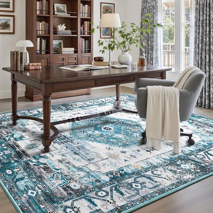 8x10 Area Rugs for Living Room, Non Slip Large Vintage Floral Rug for Bedroom Dining Room Farmhouse Classroom Kids Playroom Home Decor,Blue