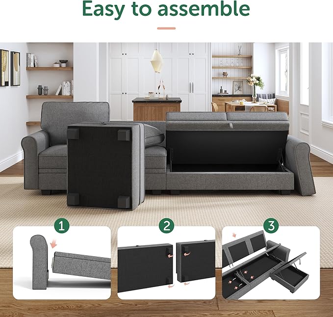 HONBAY Convertible Sectional Sofa with Storage U Shaped Sectional Couch with Reversible Chaise Small Sectional Couches for Living Room,Grey