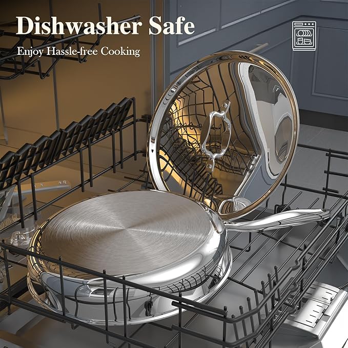 12 Inch Tri-Ply Stainless Steel Frying Pan, Frying Pan with Lid, PFOA/PTFE Free Skillet, Induction Cooking Pans, Dishwasher & Oven Broiler Safe 600F, Professional Cookware, Heavy Duty & Even Heat