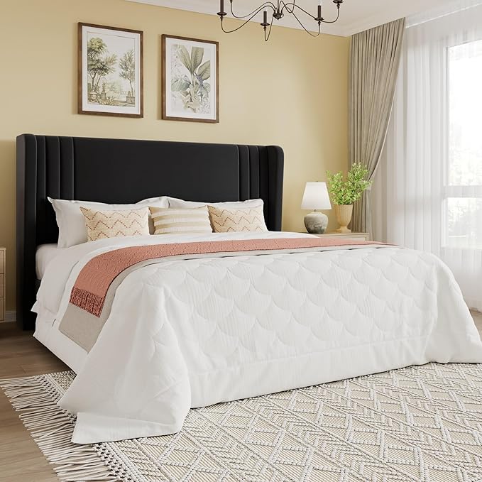 SHA CERLIN Full Size Velvet Upholstered Platform Bed Frame with Vertical Channel Tufted Wingback Headboard, Wooden Slats Support, Easy Assembly, Under Bed Storage, No Box Spring Required, Black