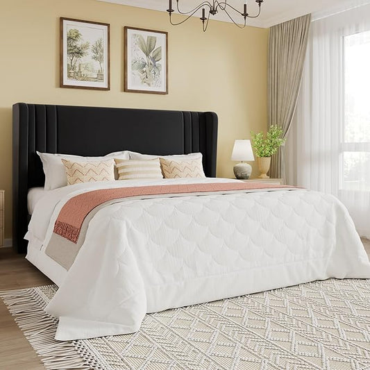 SHA CERLIN Full Size Velvet Upholstered Platform Bed Frame with Vertical Channel Tufted Wingback Headboard, Wooden Slats Support, Easy Assembly, Under Bed Storage, No Box Spring Required, Black