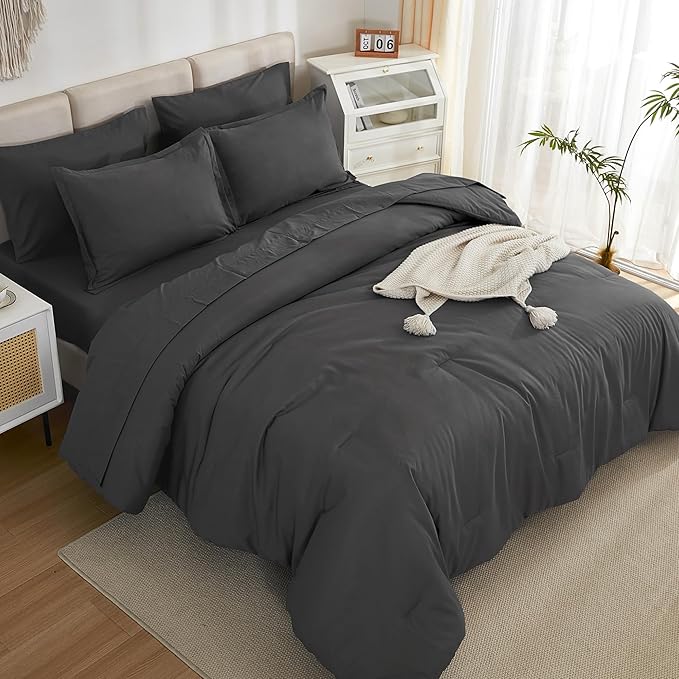 Litanika Twin/Twin XL Size Comforter Sets Grey Dark Grey - 5 Pieces Bed in a Bag Twin/Twin XL Bedding Comforter Sets, Solid Lightweight Bed Set with Comforter, Sheets, Pillowcase & Sham