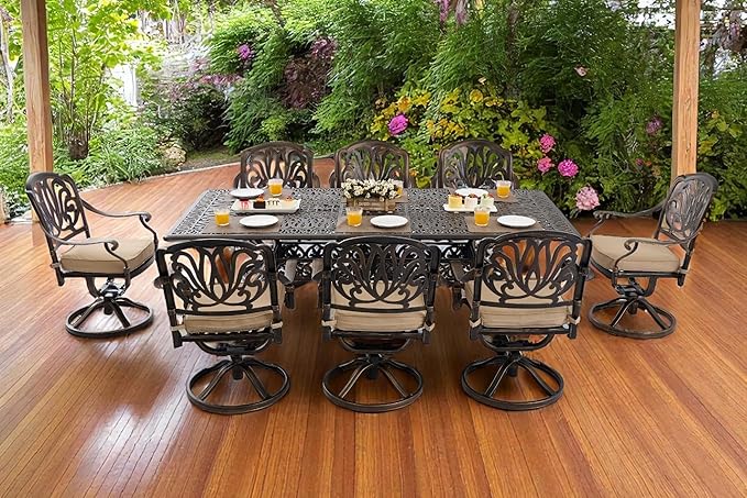 9 Piece Outdoor Dining Set Cast Aluminum, Retro Patio Dining Furniture Set for 8 Includes 86.6’’ Rectangular Table 8 Swivel Chairs with Thicker Cushion and Umbrella Hole for Patio Deck Garden