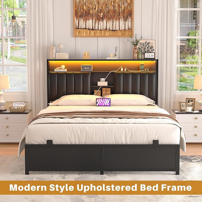 Aheaplus Full Size Bed Frame with Charging Station & Led Light, Platform Bed with Leather Upholstered Headboard and Storage, Metal Slats Support, No Box Spring Needed, Noise-Free, Black
