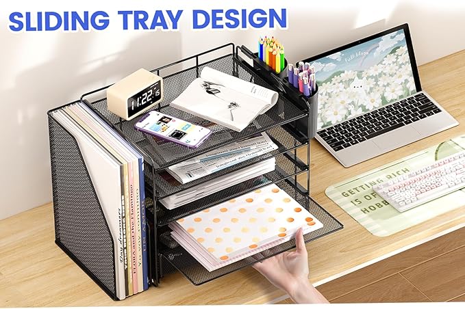 Desk Organizers and Accessories with File Holder, 5-Tier Office Desk Accessories & Workspace Desktop Organizer with Drawer and 2 Pen Holder, File Paper Organizer for Office Supplies(Black)
