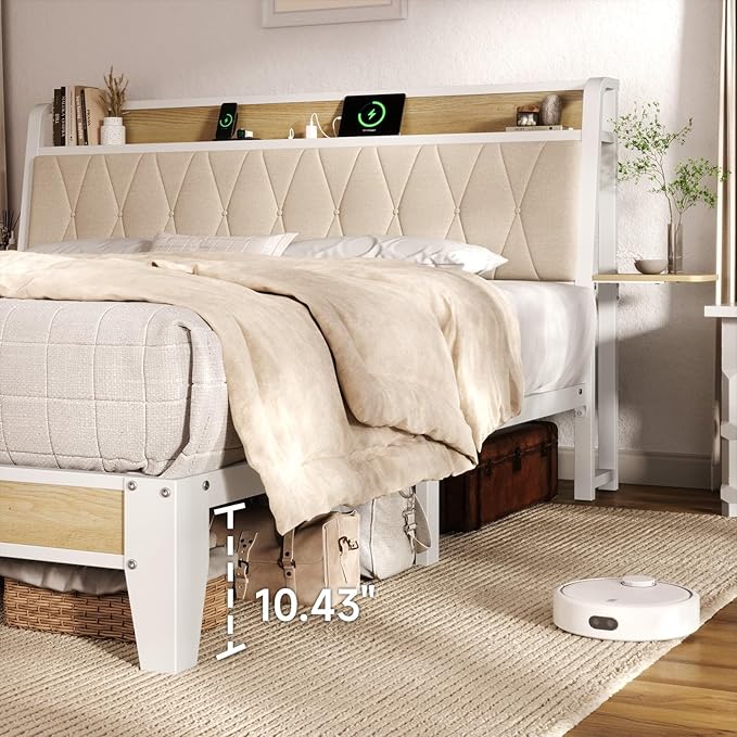 King Size Bed Frame with Side Storage Shelf, Ergonomic Upholstered Headboard with Charging Station, King Platform Bed Frame, Metal Slats Support, No Box Spring Needed, Easy Assembly, White