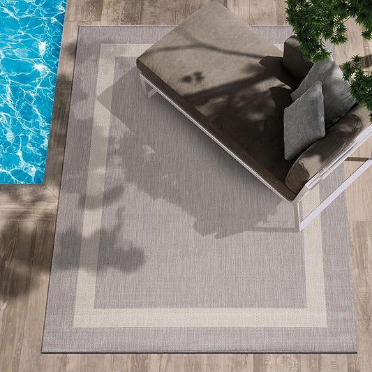 CAMILSON Outdoor Rug 5x7,Modern Outside Rugs for Patios Porches Waterproof Durable Washable Non-Shedding, Easy-to-Clean Indoor Outdoor Area Carpet (5 x 7, Bordered - Gray/White)