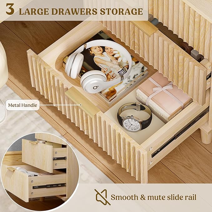 Lulive Wood 3 Drawers Dresser Fluted Night Stand with Charging Station, Storage Nightstand Modern Side Table, Bedside Table for Bedroom, Entryway Natural