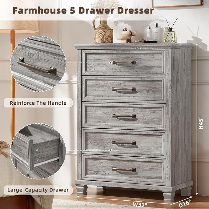 Farmhouse 5 Drawer Dresser for Bedroom, 45” Tall Dresser for Closet, Rustic Wooden Chests of Drawer for Bedroom, Hallway, Entryway, Grey