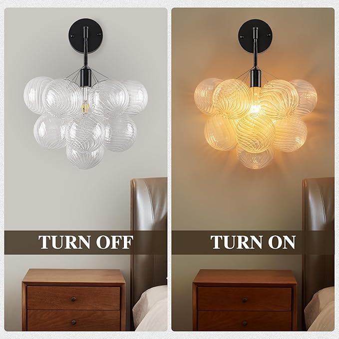 Bubble Wall Sconce, Hand Blown Wall Lights 15“ Dia Balls Shade Glass Lighting Wall Sconces, Clear Glass Wall Mounted Light Fixture for Living Room, Dining Room, Corridor, Bedroom (Black)