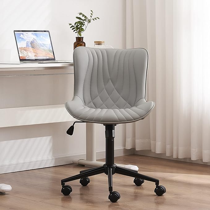 YOUNIKE Office Chair, Armless Desk Chair with Wheels, Adjustable Swivel Rolling Home Office Computer Task Chairs, Modern Faux Leather Upholstered Vanity Chair, Grey