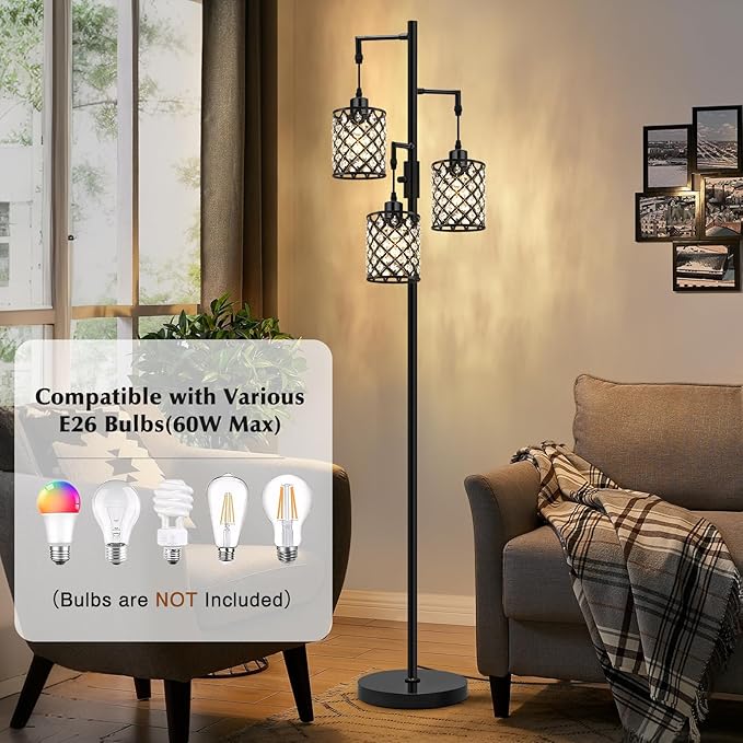 GyroVu Crystal Floor Lamps for Living Room, 3-Light Black Floor Lamp, Standing Tall Lamp with Elegant K9 Crystal Shade & Rotary Switch, Modern Corner Floor Lamp for Bedroom, Home Office, Reading