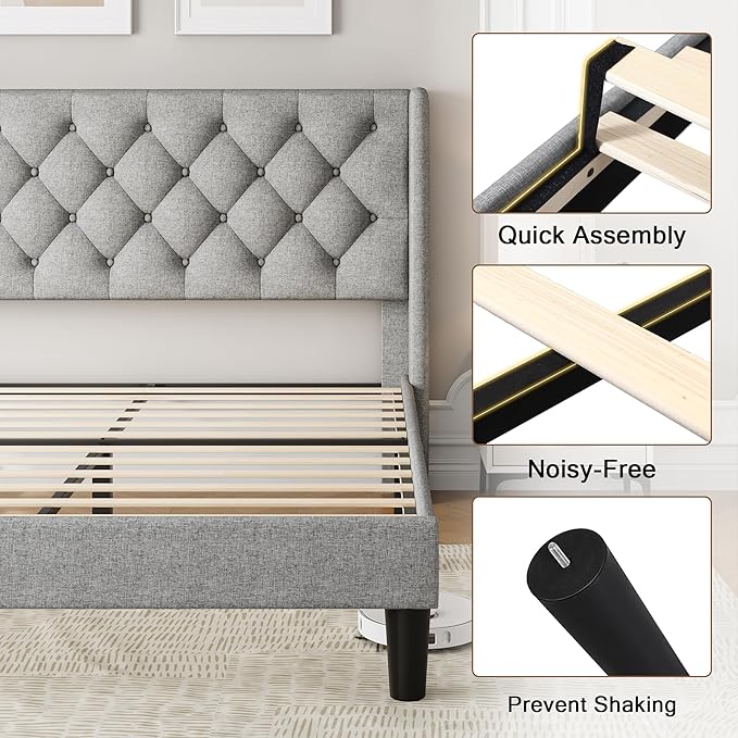 Queen Size Upholstered Bed Frame with Wingback Headboard, Fabric Linen Platform Bed, 8" Under Bed Storage, No Box Spring Needed, Wooden and Metal Slats Support, Light Grey