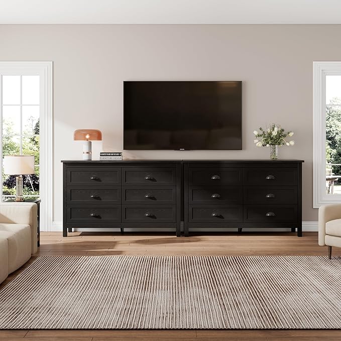 Black Dresser for Bedroom, Farmhouse 6 Drawer Double Dresser with Vintage Antique Handles, Modern Dressers and Chest of Drawers for Bedroom