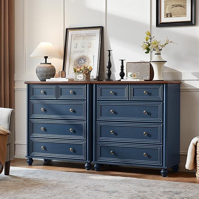 Farmhouse 5 Drawer Dresser for Bedroom Set of 2, 35.5" Tall Small Dressers & Chest of Drawers, Rustic Wood Dresser with Roman Column, Storage Organizer for Living Room, Hallway, Closet (Blue)