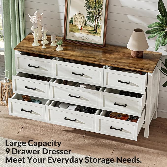 LYNSOM Farmhouse 9 Drawers Dresser for Bedroom, 55" Wide Wood Rustic Chest of Drawers with Natural Texture, Metal Handle, Storage Dressers Organizer for Entryway, Hallway, Antique White