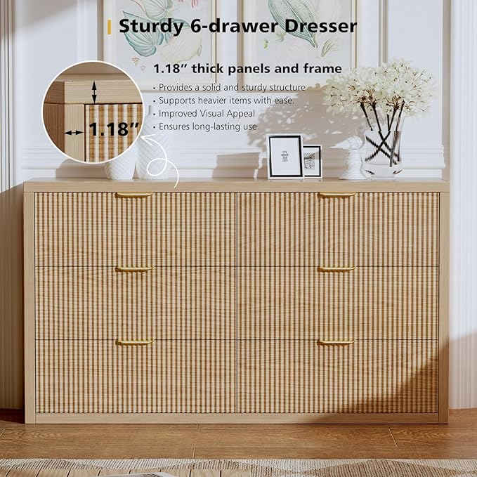 55.12" Modern Chest of Drawer, 6 Deep Drawers,Clothes Organizer,Large Storage Cabinet for Living Room, Bedroom,Dresser TV Stand, Wood Drawer Organizer for Living Room, Hallway, Lumber