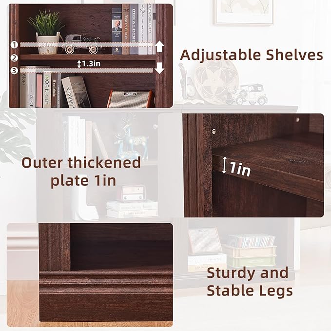 43" Walnut Tall Bookshelf Set of 2,3-Tier Thick Wooden Book Shelf with Adjustable Shelves,Free Standing Farmhouse Bookcase with Open Display Storage,Floor Vintage Bookshelves for Living Room