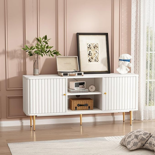 ARTPOWER 55” Fluted TV Stand, Mid Century Modern White TV Stand for 55/60/65 inch TV, Entertainment Center with Storage, Television Stands, TV Console, Media Console for Living Room, Bedroom
