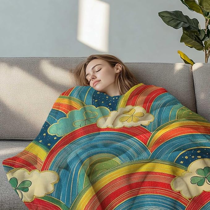 Rainbow Throw Blanket for Women Girls, St Patricks Day Clover Decor for Living Room and Bedroom, Fluffy Lightweight Fleece, Giftable, 50x60 Inches