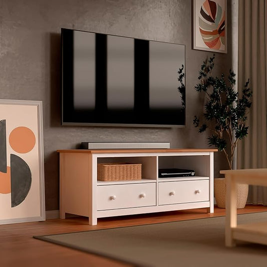 Handcrafted Solid Oak TV Stand Entertainment Center - Elegant White/Pine Media Console with Spacious Storage Drawers & Open Shelves - Sturdy Wood Cabinet Fits TVs up to 55 Inches