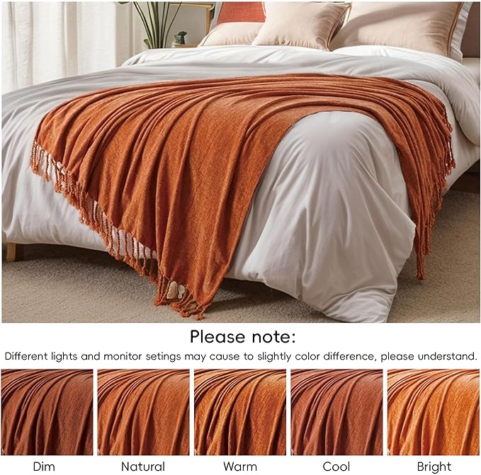 BATTILO HOME Burnt Orange Throw Blanket for Couch, Decorative Fringe Velvety Orange Throw Blanket for Bed, Fall Decor Blankets & Throws, 50"x60"