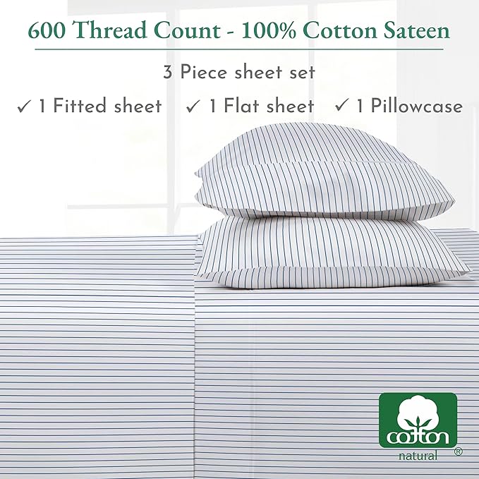 California Design Den Printed Striped Twin XL Sheets Set - Luxury 600 Thread Count, 100% Cotton Sateen, Hotel Quality Deep Pocket Extra Long Twin Sheets - Classic Blue Stripe Print