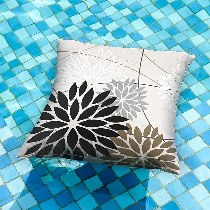 Black Brown Outdoor Pillow Covers 18x18 Inch Set of 2 White Gray Flower Throw Pillows Farmhouse Outdoor Modern Floral Polyester Square Cushion Case Decor for Sofa Patio Funiture Garden 01A18