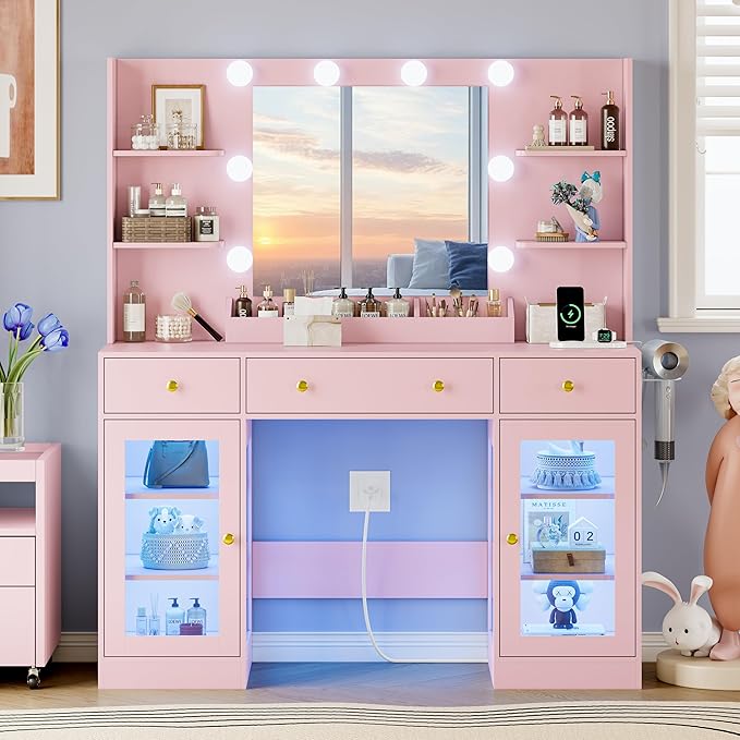 Vanity Desk with Mirror and Lights, Makeup Vanity Set with 3 Storage Drawers & Adjustable Shelves, Dressing Table with RGB Cabinets & Charging Station, 3 Lighting Modes for Women Kids Bedroom, Pink