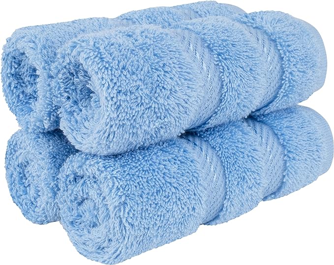 American Soft Linen Luxury Washcloths for Bathroom, 600 GSM 100% Cotton 4 Piece Turkish Wash Cloth Set, 13x13 in Soft Rags for Body and Face, Sky Blue Washcloths