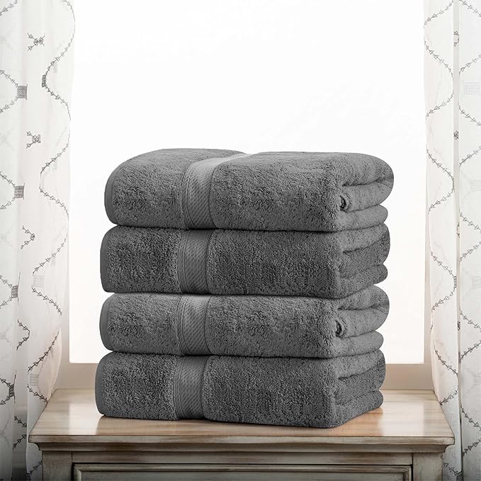 SUPERIOR Egyptian Cotton Pile Bath Towel Set of 4, Ultra Soft Luxury Towels, Thick Plush Essentials, Absorbent Heavyweight, Guest Bath, Hotel, Spa, Home Bathroom, Shower Basics, Charcoal