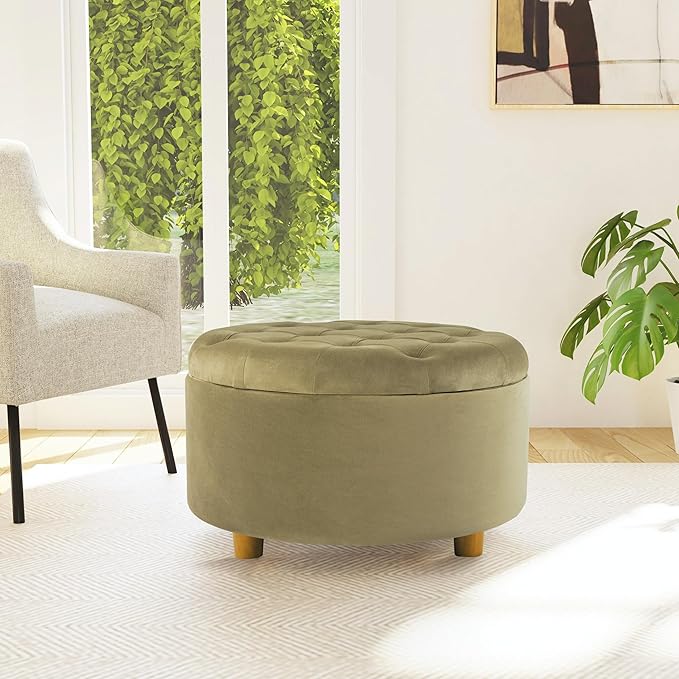 HomePop Home Decor | Button Tufted Velvet Round Storage Ottoman | Ottoman with Storage for Living Room & Bedroom, Light Sage Green Velvet