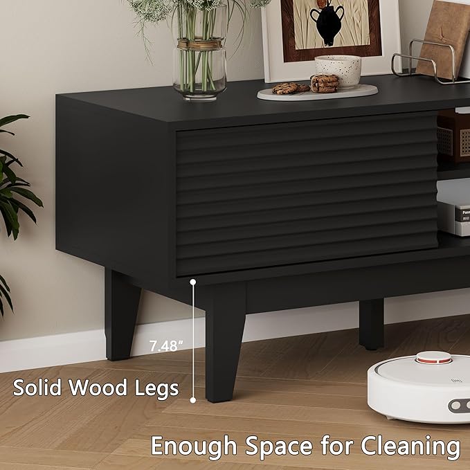 Fluted TV Stand for 55 65 Inch TV, Mid Century Modern Entertainment Center with Shelves, Cabinets & Sliding Doors, TV Media Console Table with Wood Feet & Cord Holes for Living Room, Bedroom, Black