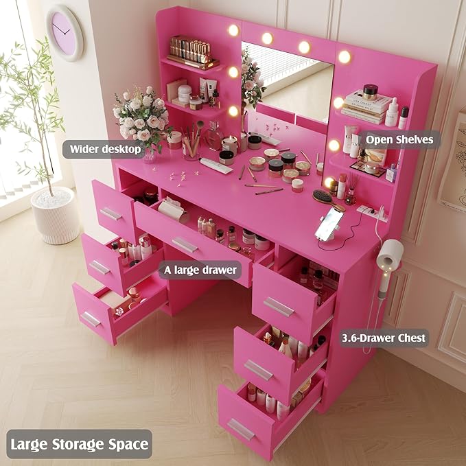 YESHOMY Vanity Desk with Mirror, Power Outlet and 10 Lights, Makeup Table with 7 Drawers, 3 Color Modes Available for Bedroom, Rose Pink